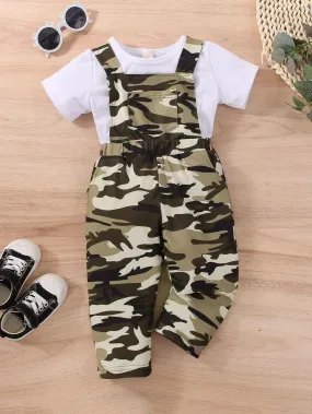 Infants' 2023 Spring and Summer Cotton Short-sleeved Shirt, Military Green Suspender Trousers, Girls' Suit