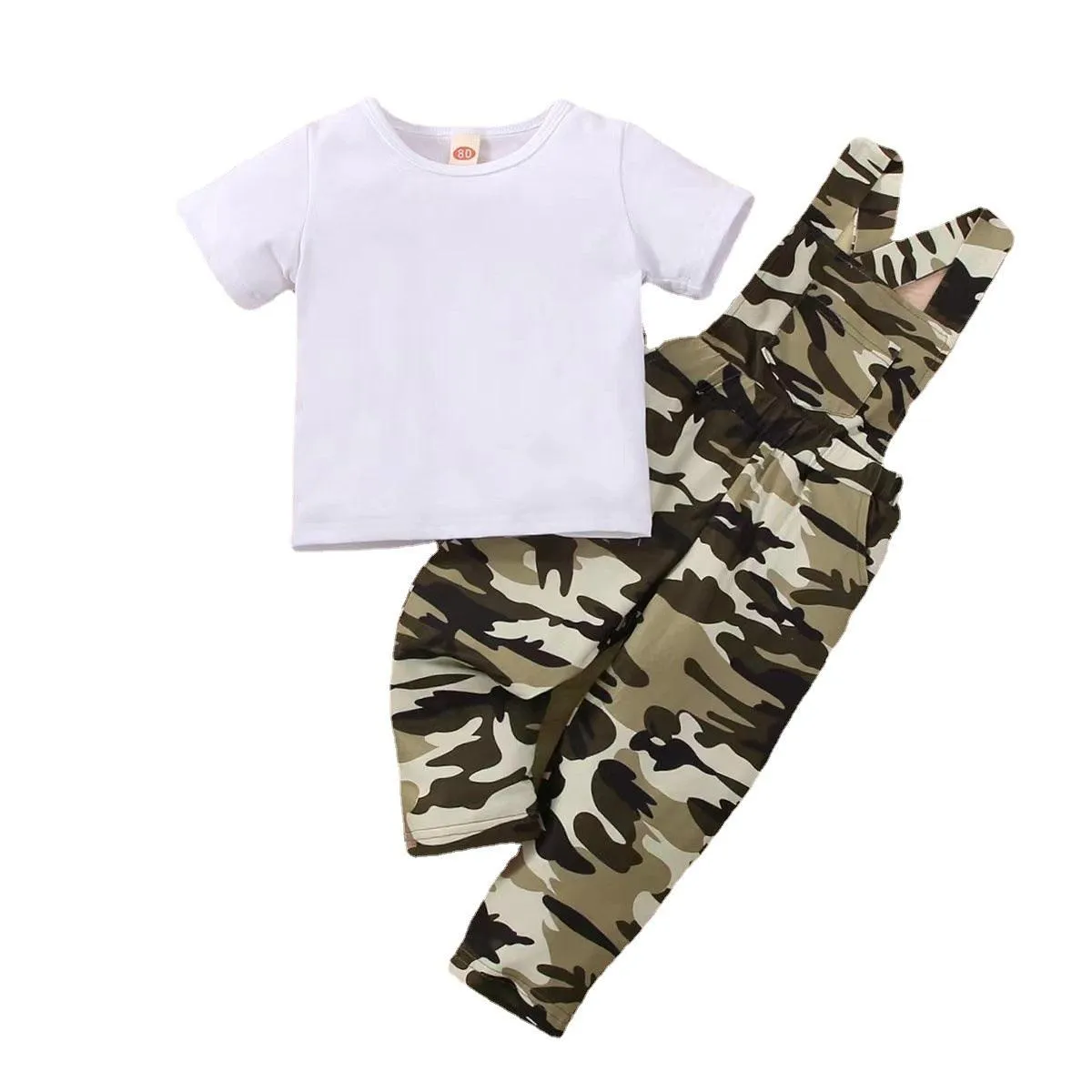 Infants' 2023 Spring and Summer Cotton Short-sleeved Shirt, Military Green Suspender Trousers, Girls' Suit