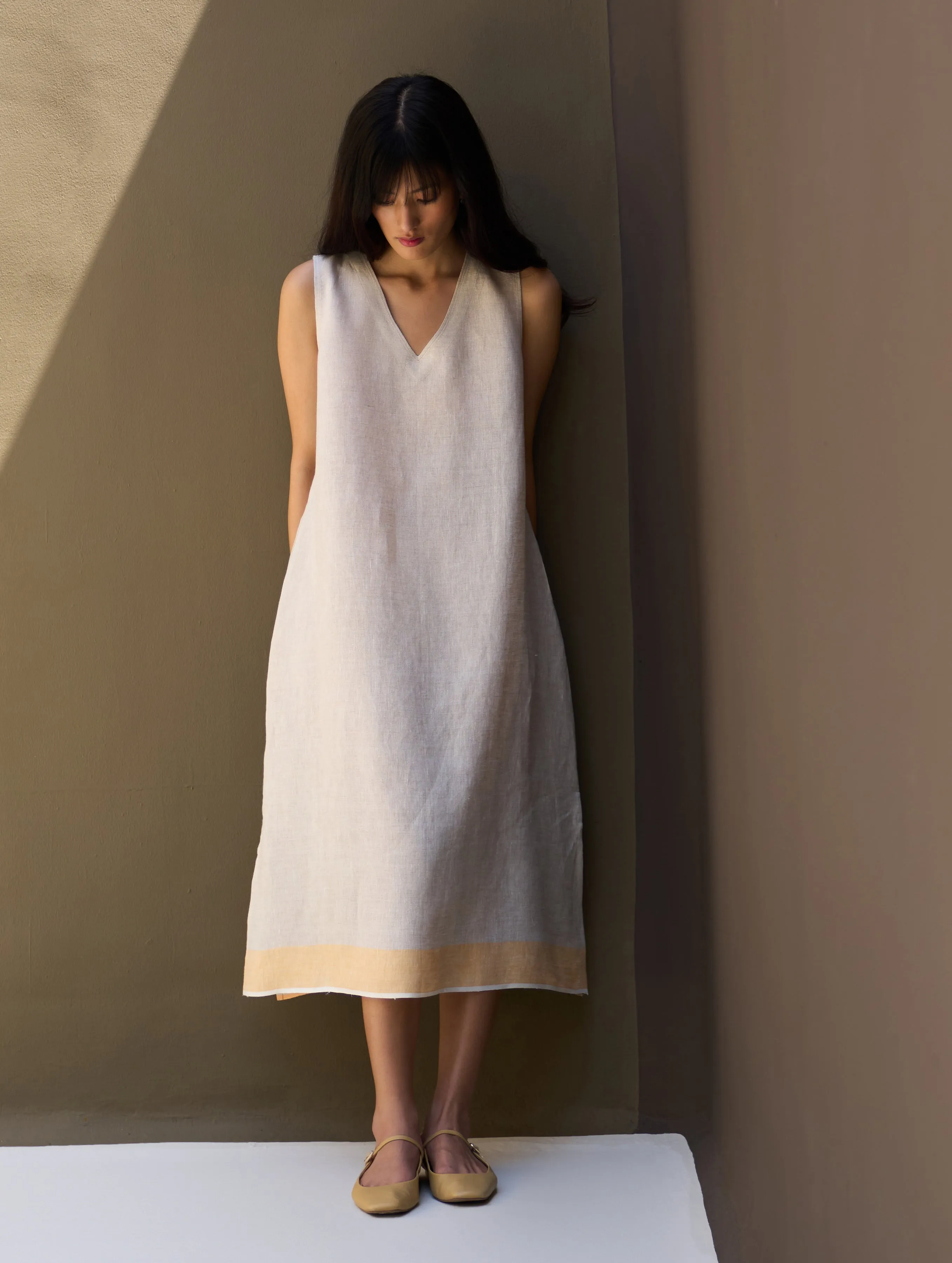 Jin Border Linen Dress - Natural