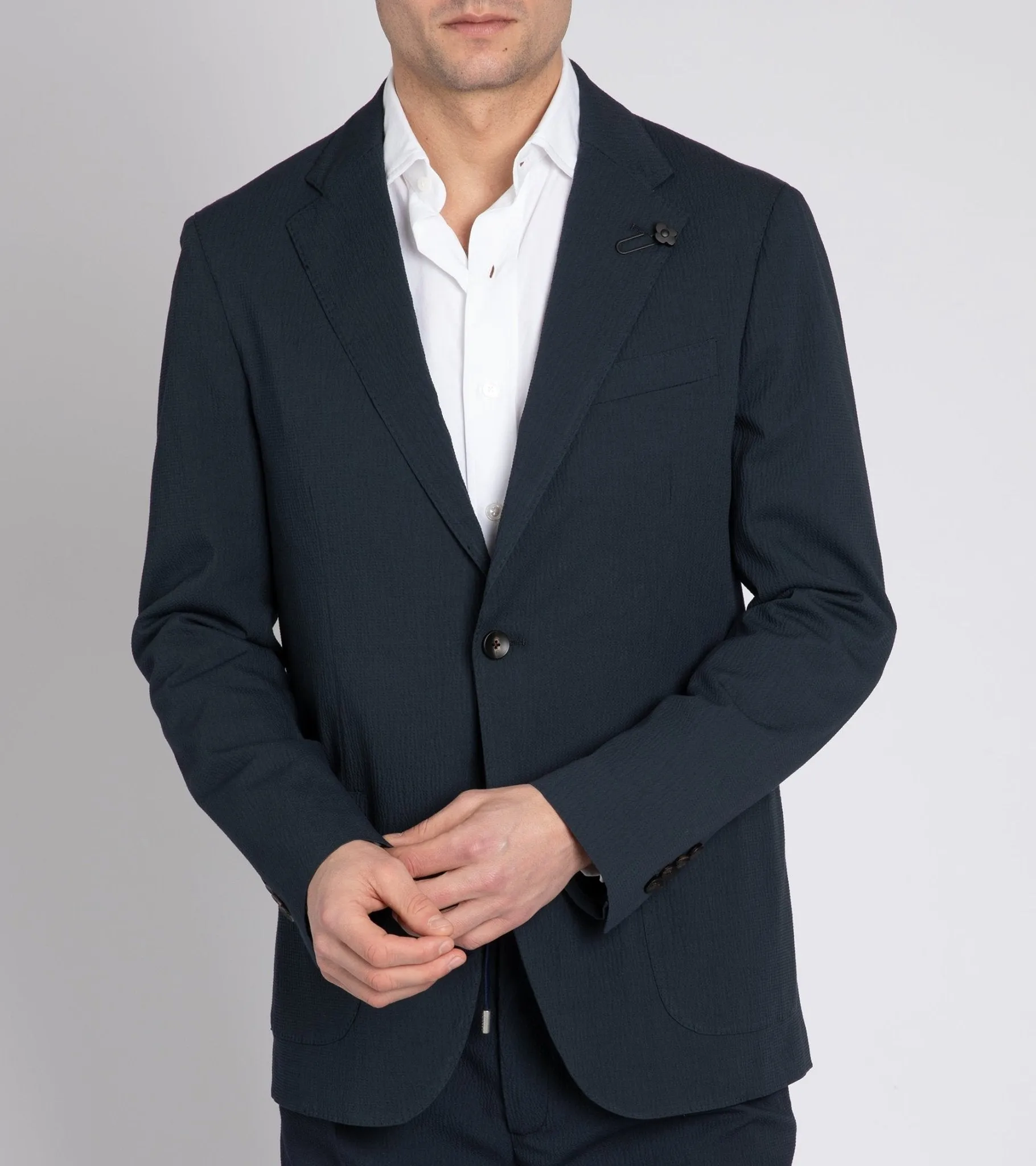 Lardini Cotton Seersucker Suit Jacket: Navy