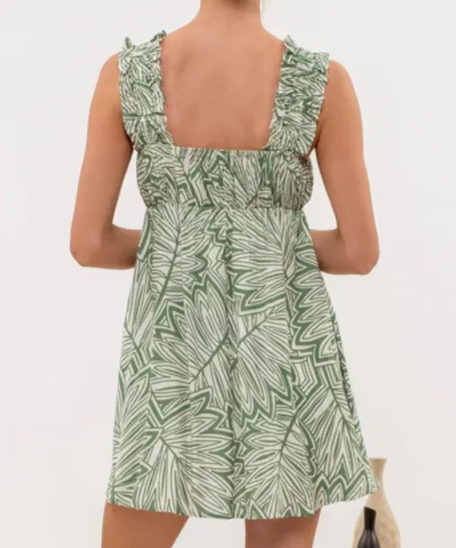 Leaf Print Mini Dress - Green