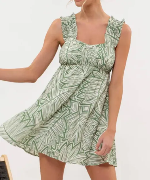 Leaf Print Mini Dress - Green