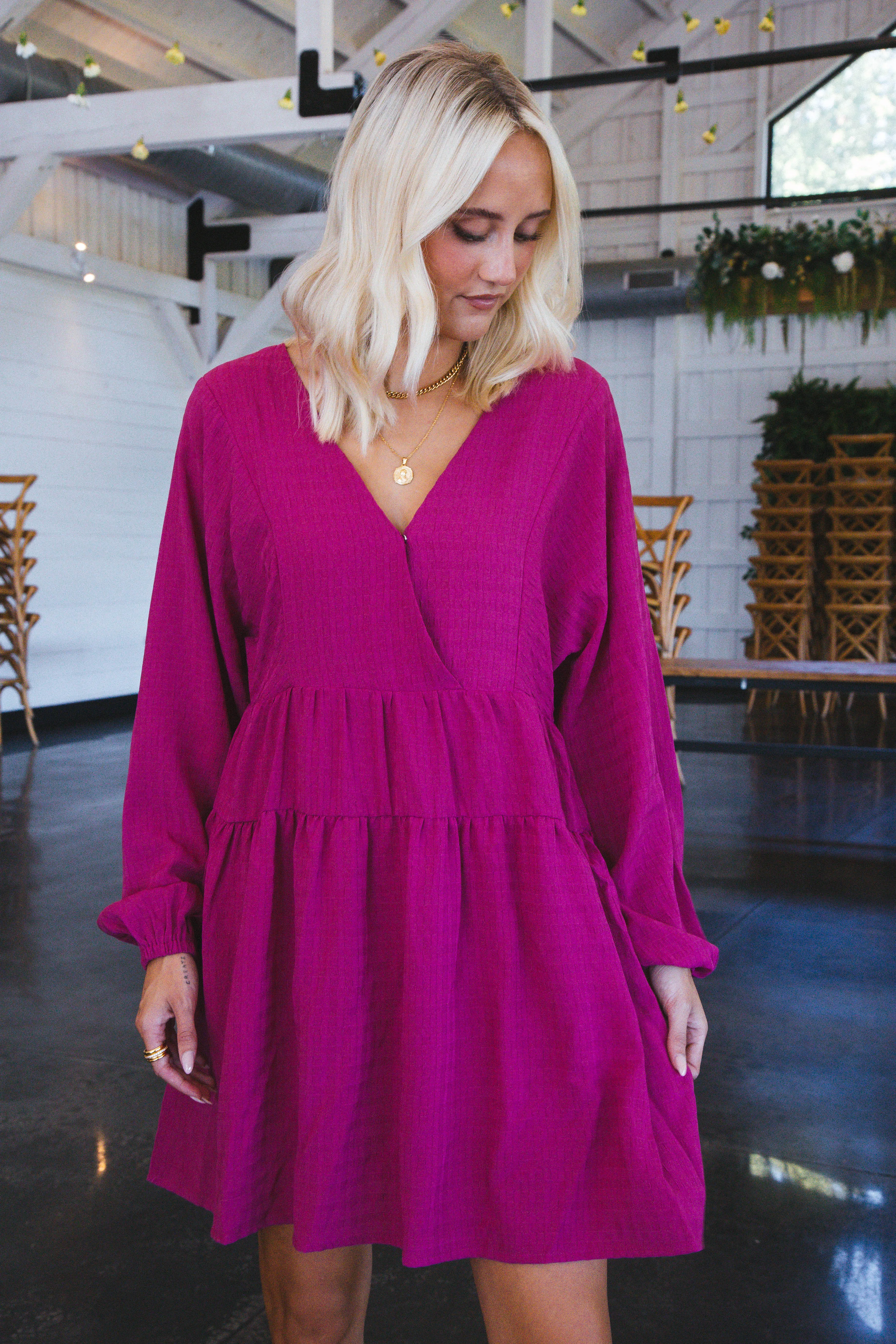 Leah Long Sleeve Tiered Tie Back Dress, Hot Pink