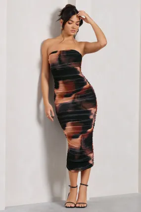 My Girl | Orange Smoke Print Strapless Bodycon Ruched Mesh Maxi Dress