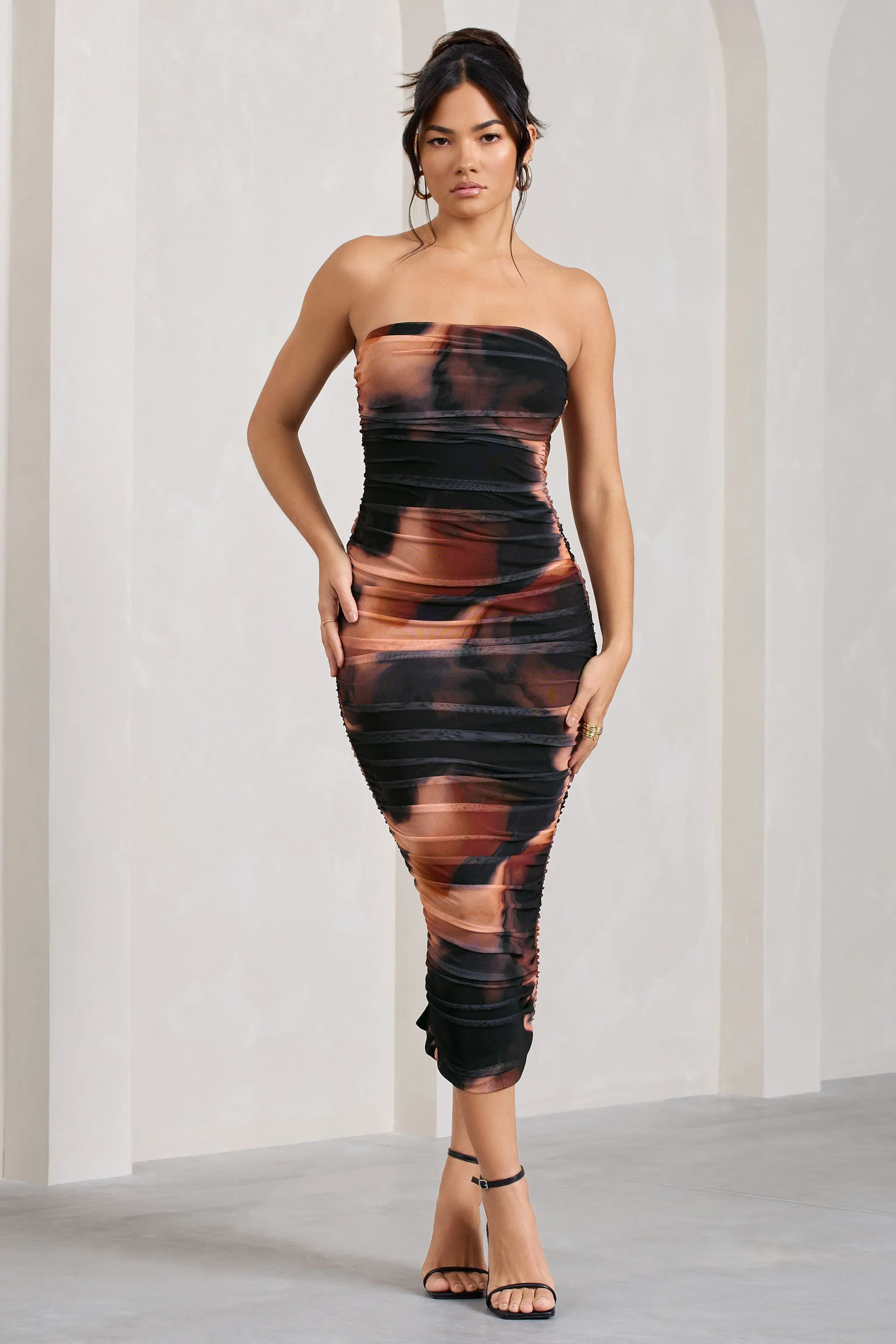 My Girl | Orange Smoke Print Strapless Bodycon Ruched Mesh Maxi Dress