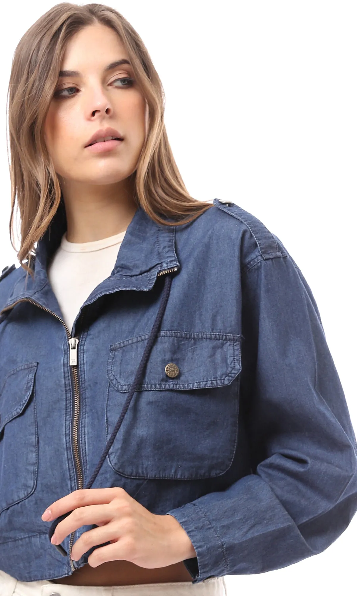 O172034 Front Zipper Long Sleeves Medium Blue Denim Jacket