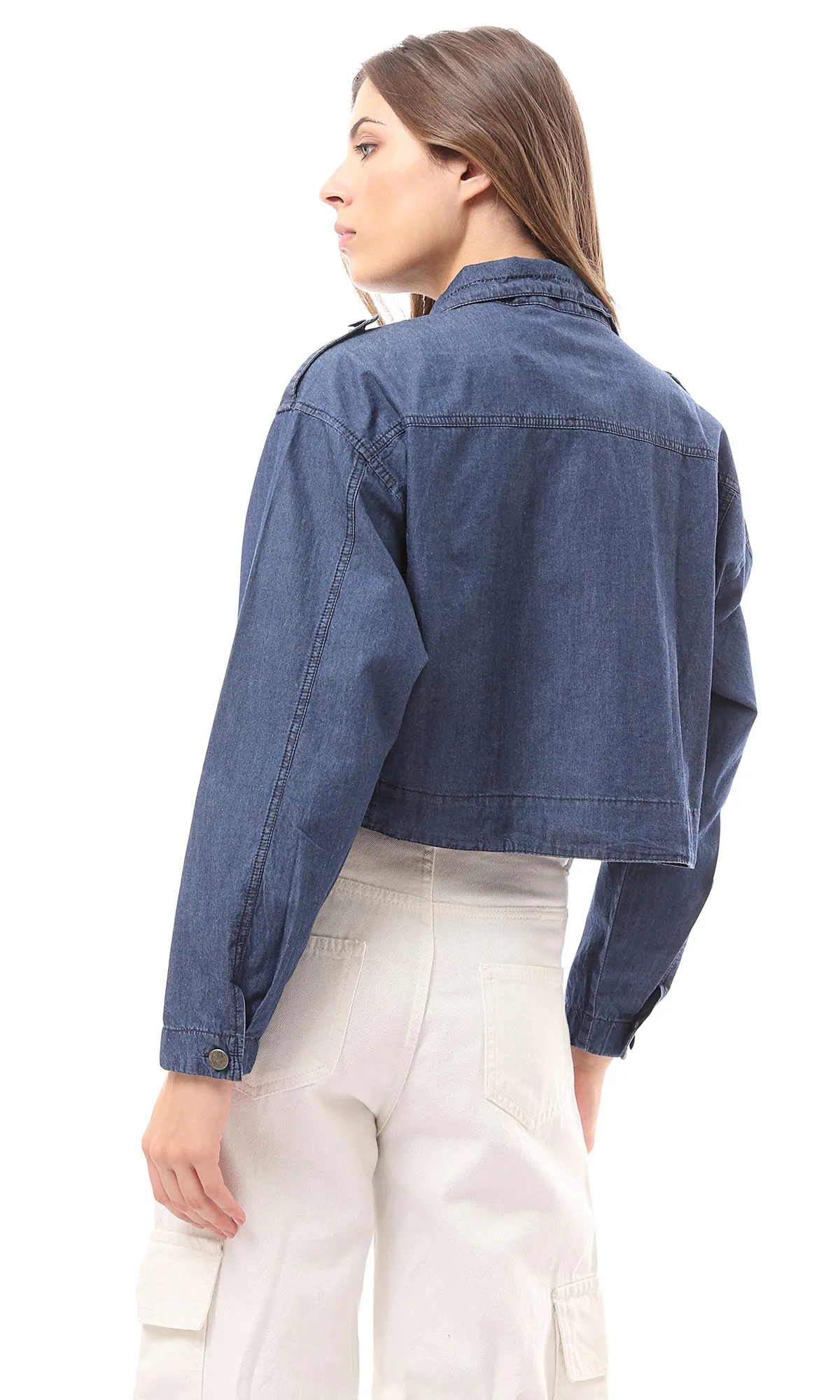 O172034 Front Zipper Long Sleeves Medium Blue Denim Jacket