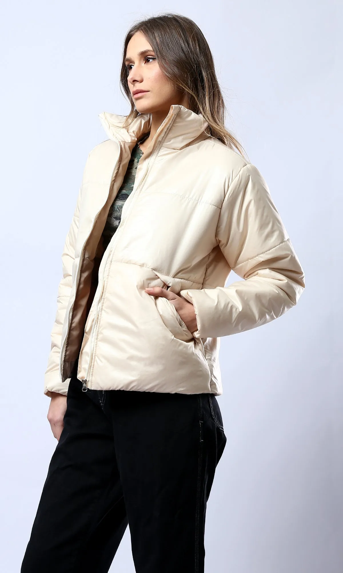 O180576 Light Beige Waterproof Jacket With Side Pockets