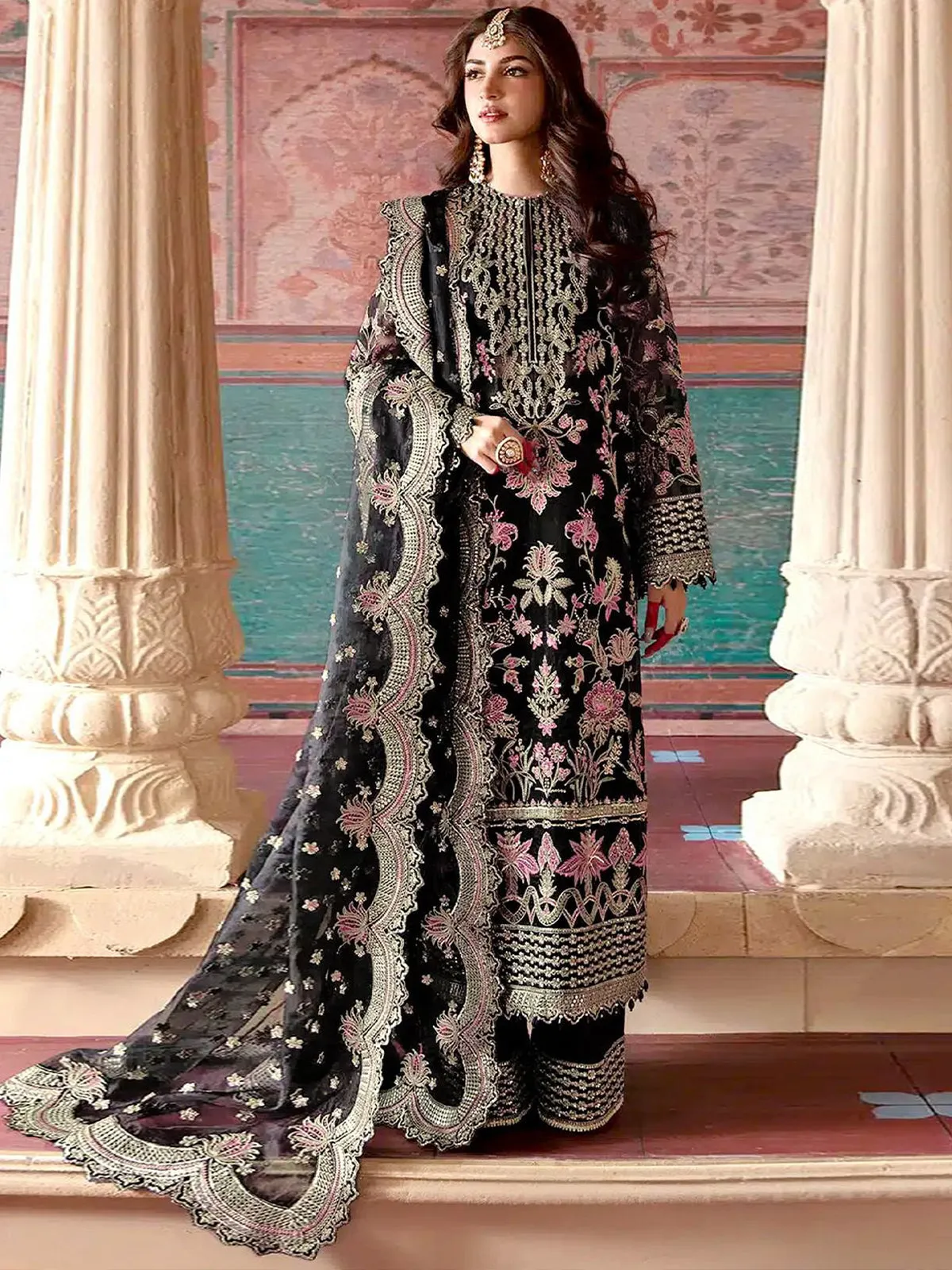 Odette Black Embroidered Organza Semi Stitched Salwar Suit For Women