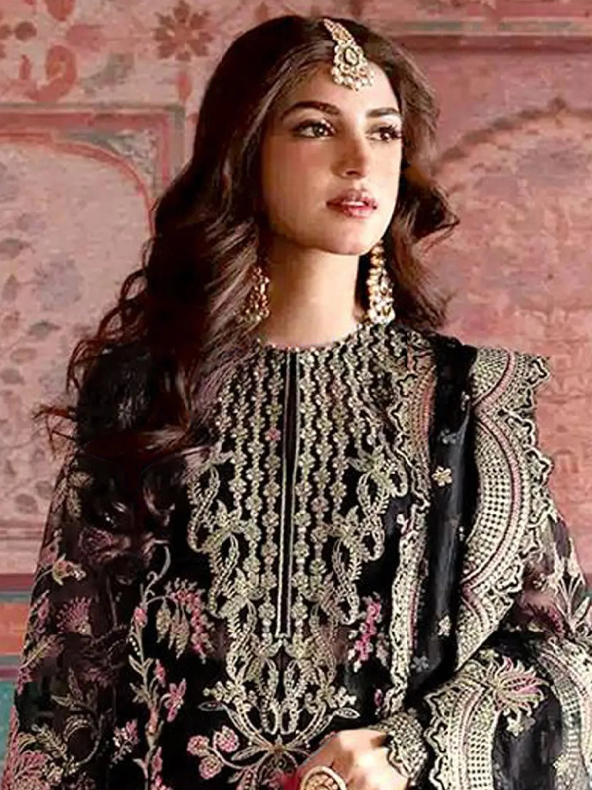 Odette Black Embroidered Organza Semi Stitched Salwar Suit For Women