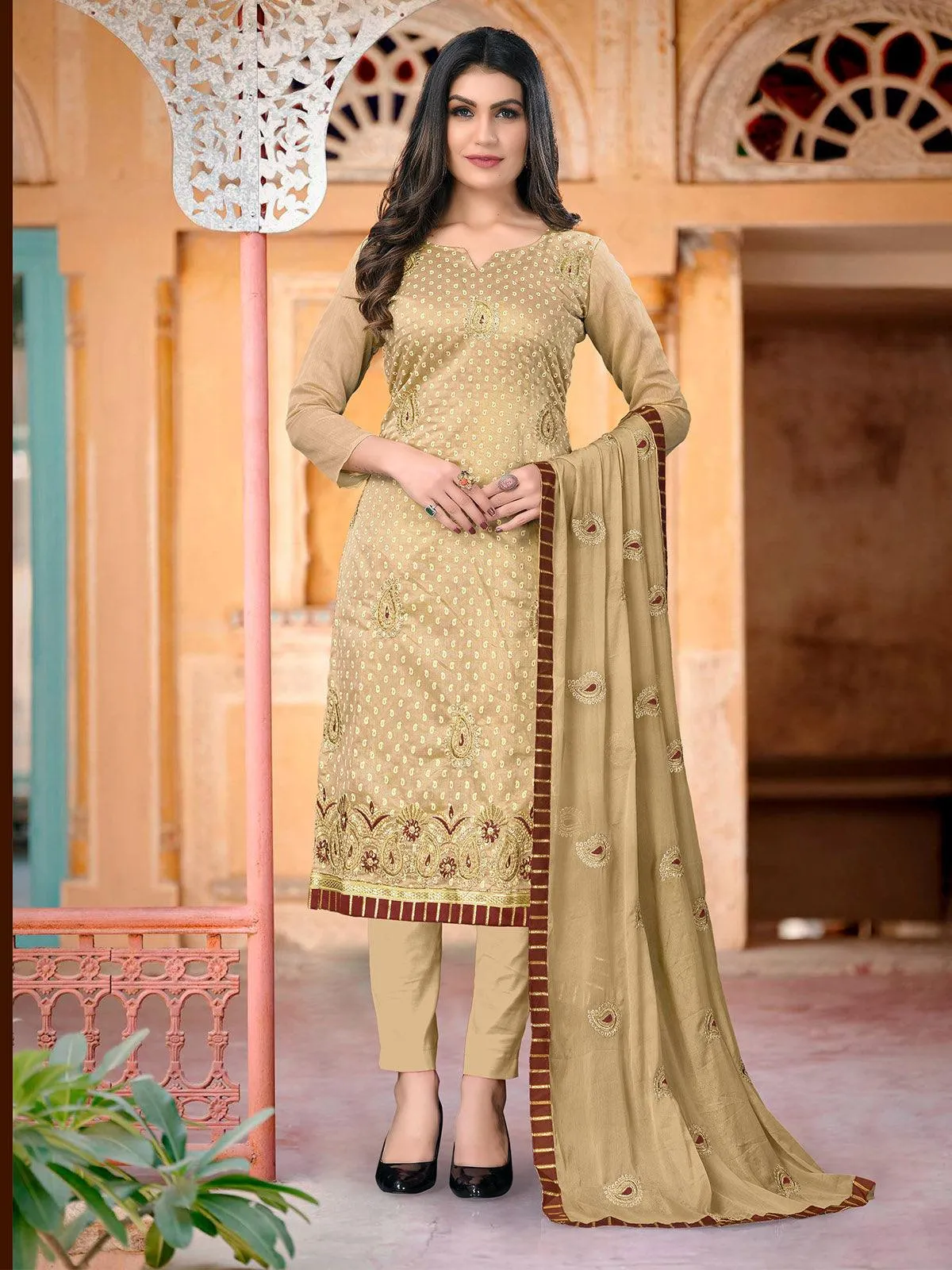 Odette Women Beige With Brown Designer Embroidery Semi Stitched Kurta Set