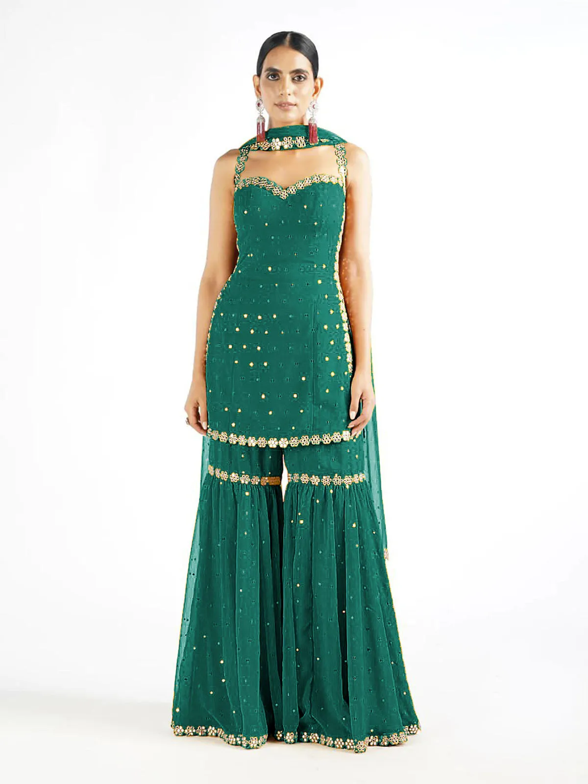 Odette Women Dark Green Sequence Embroidered Georgette Semi Stitched Sharara Suit