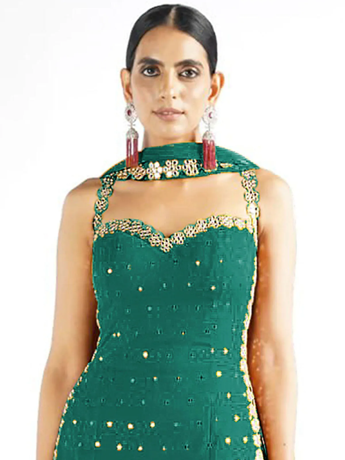 Odette Women Dark Green Sequence Embroidered Georgette Semi Stitched Sharara Suit