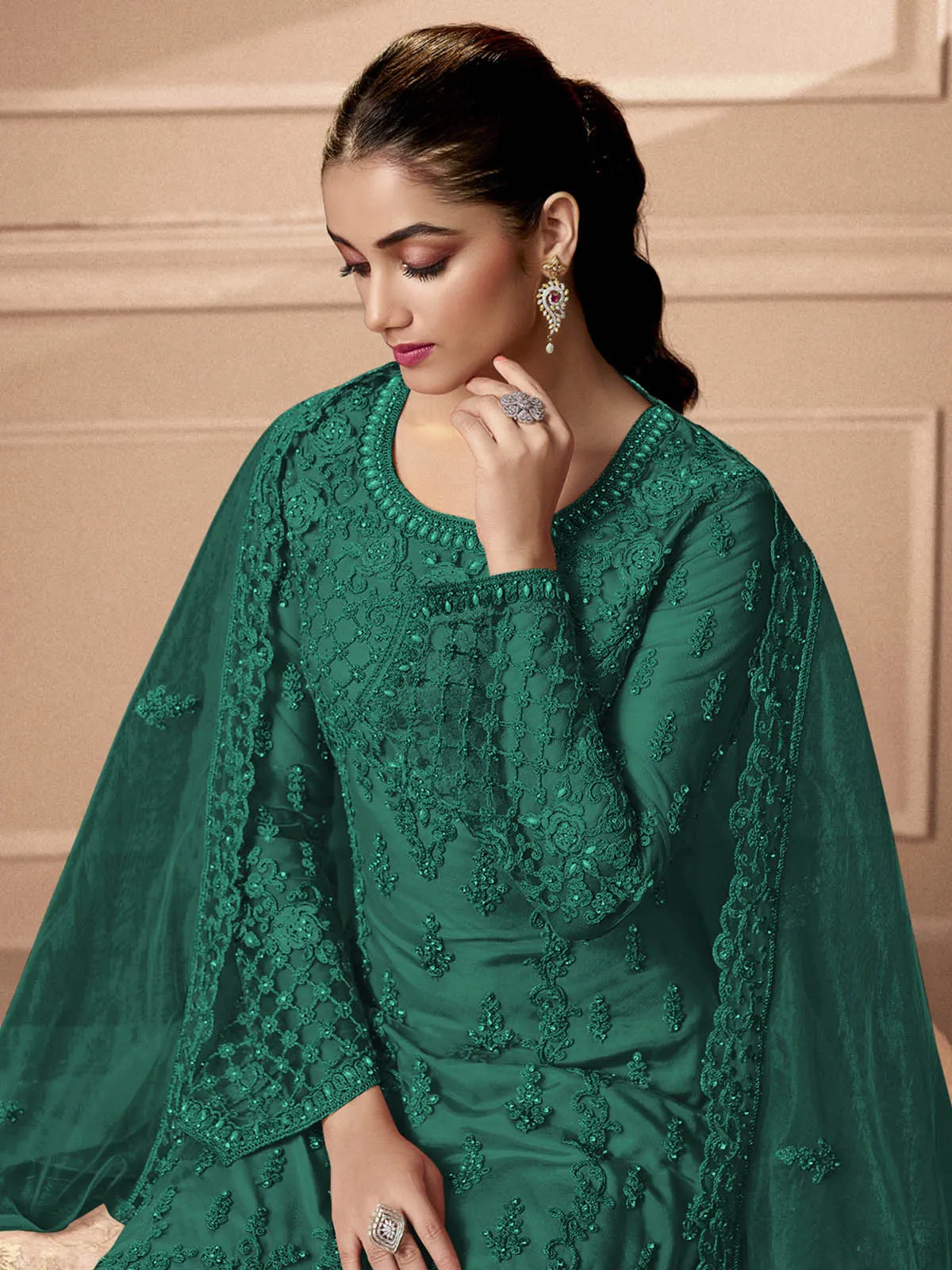 Odette Women Green Embroidered Georgette Semi Stitched Palazo Suit