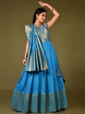 Odette Women Light Blue Banarasi Silk Woven Stitched Gown