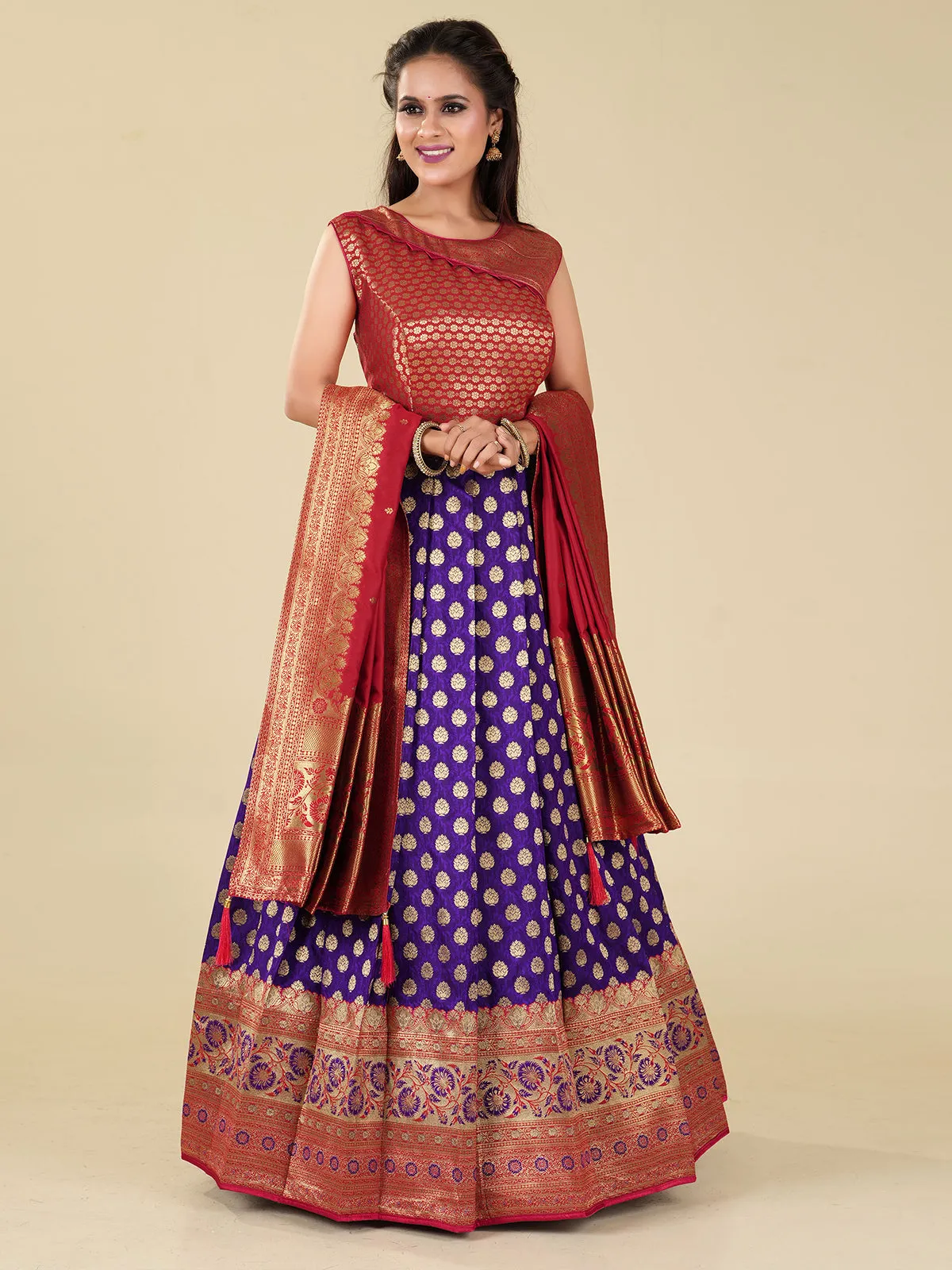 Odette Women Purple Banarasi Silk Woven Stitched Gown