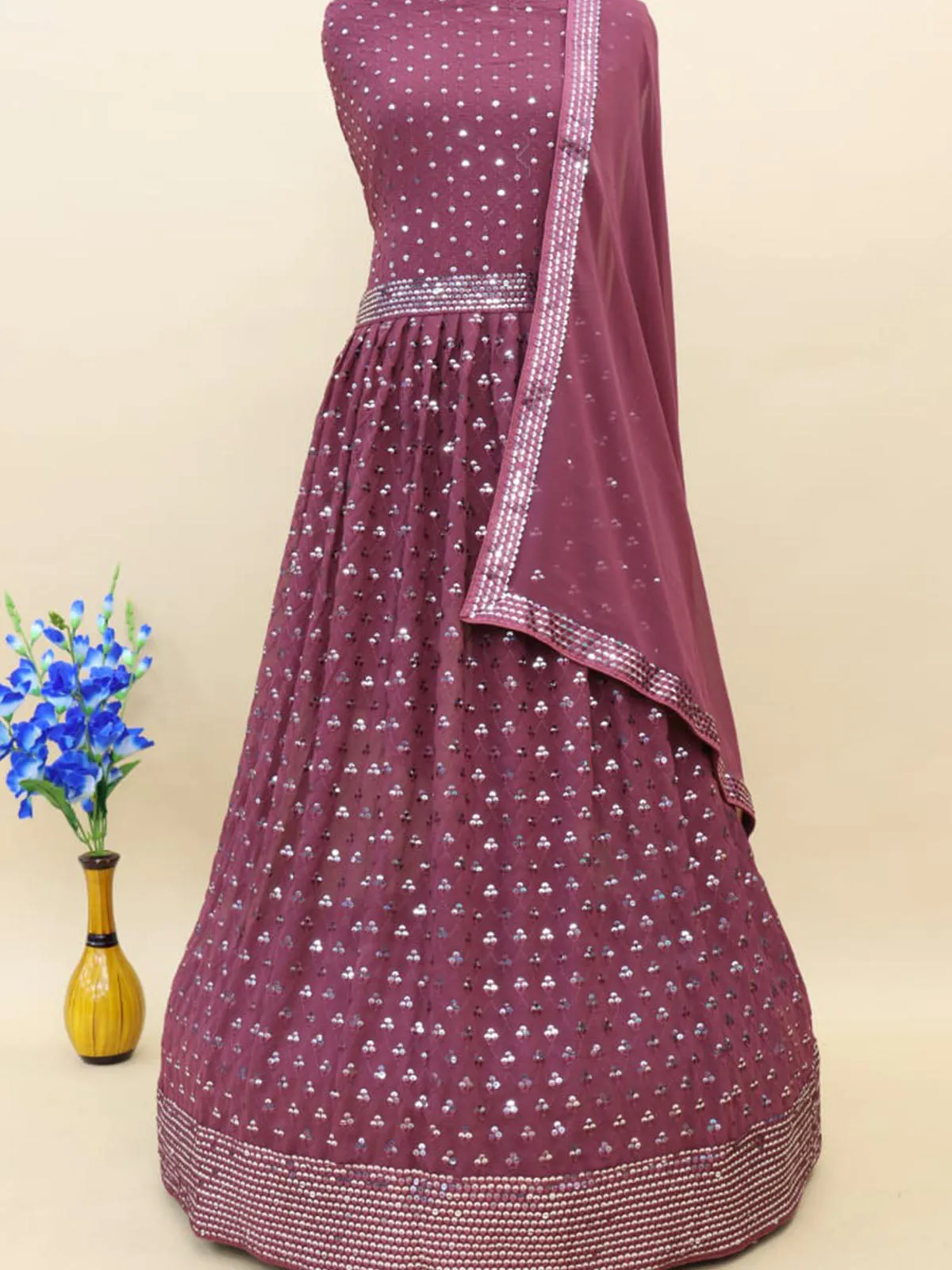 Odette Women Violet Partywear Embroidered Georgette Semi Stitched Anarkali Suit