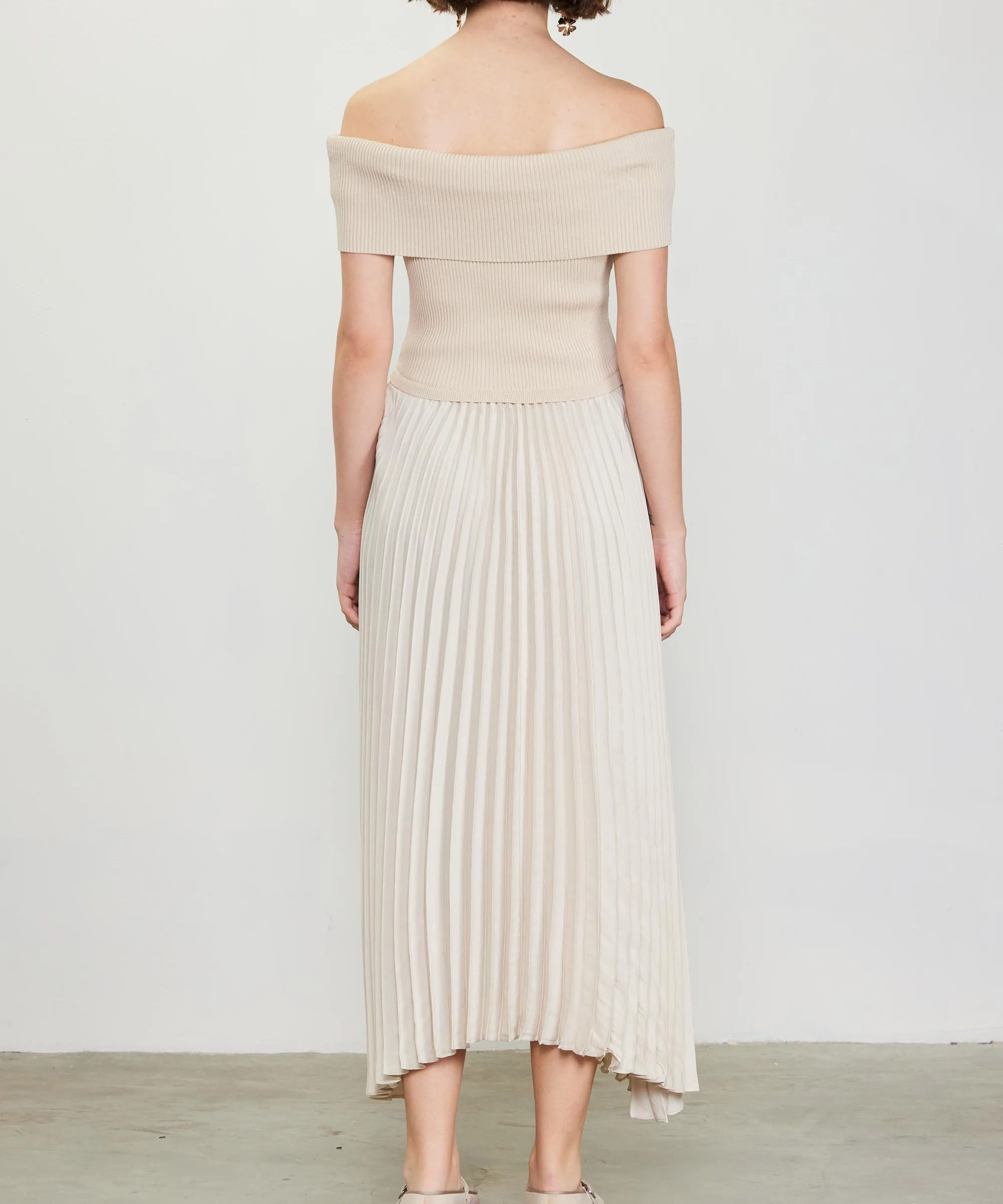 Off Shoulder Rib Dress with Pleated Skirt - Ivory