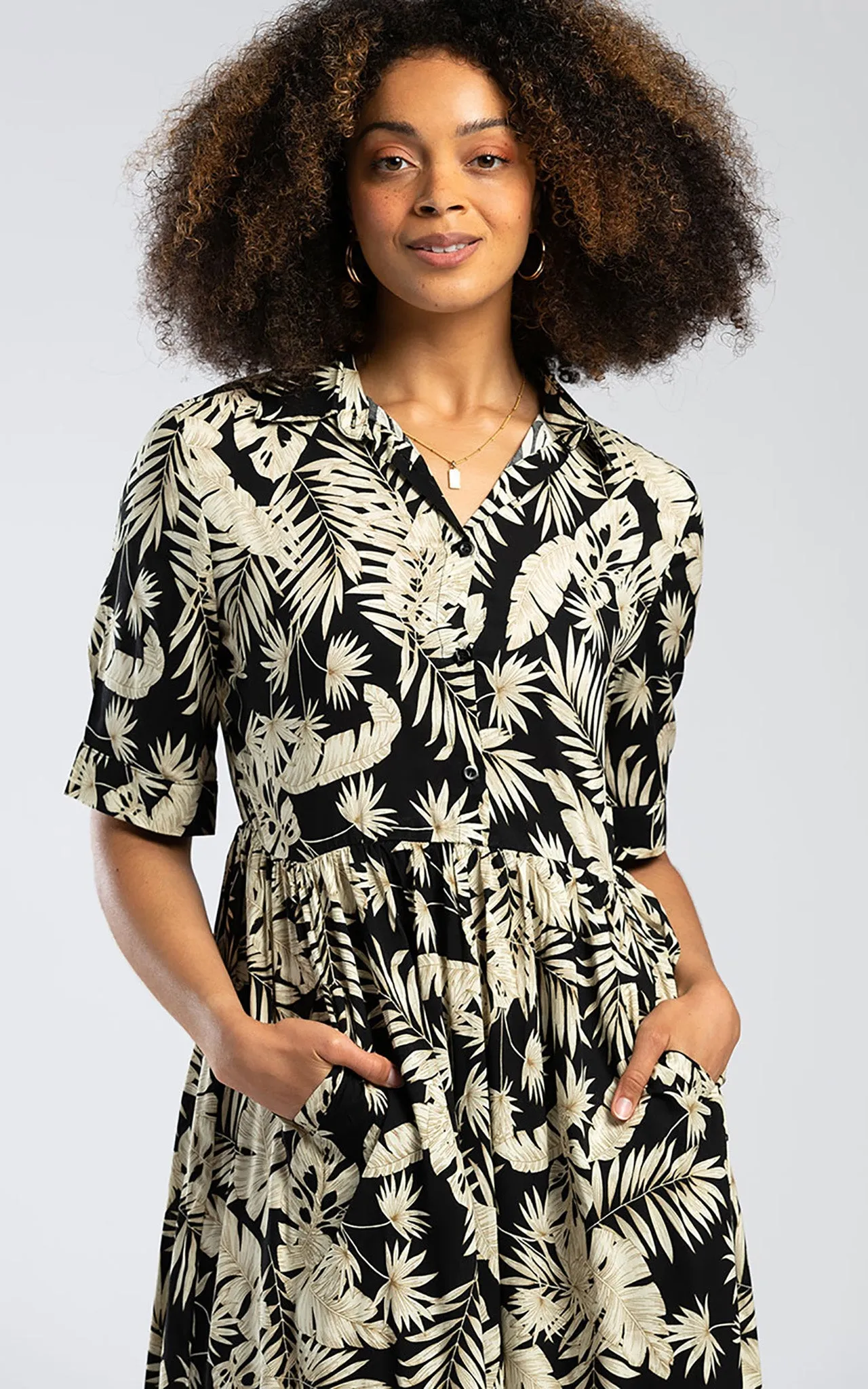 Pentlebay Clothing Midi Shirt Dress In Black Leaf Print