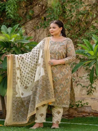 Plus Size Light Brown Cotton Printed Readymade Salwar Suit