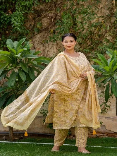 Plus Size Light Yellow Cotton Printed Readymade Salwar Suit