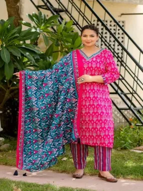 Plus Size Rani Pink Cotton Printed Readymade Salwar Suit