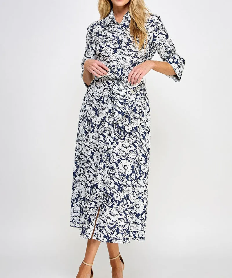 Printed Shirt Dress - Navy/White