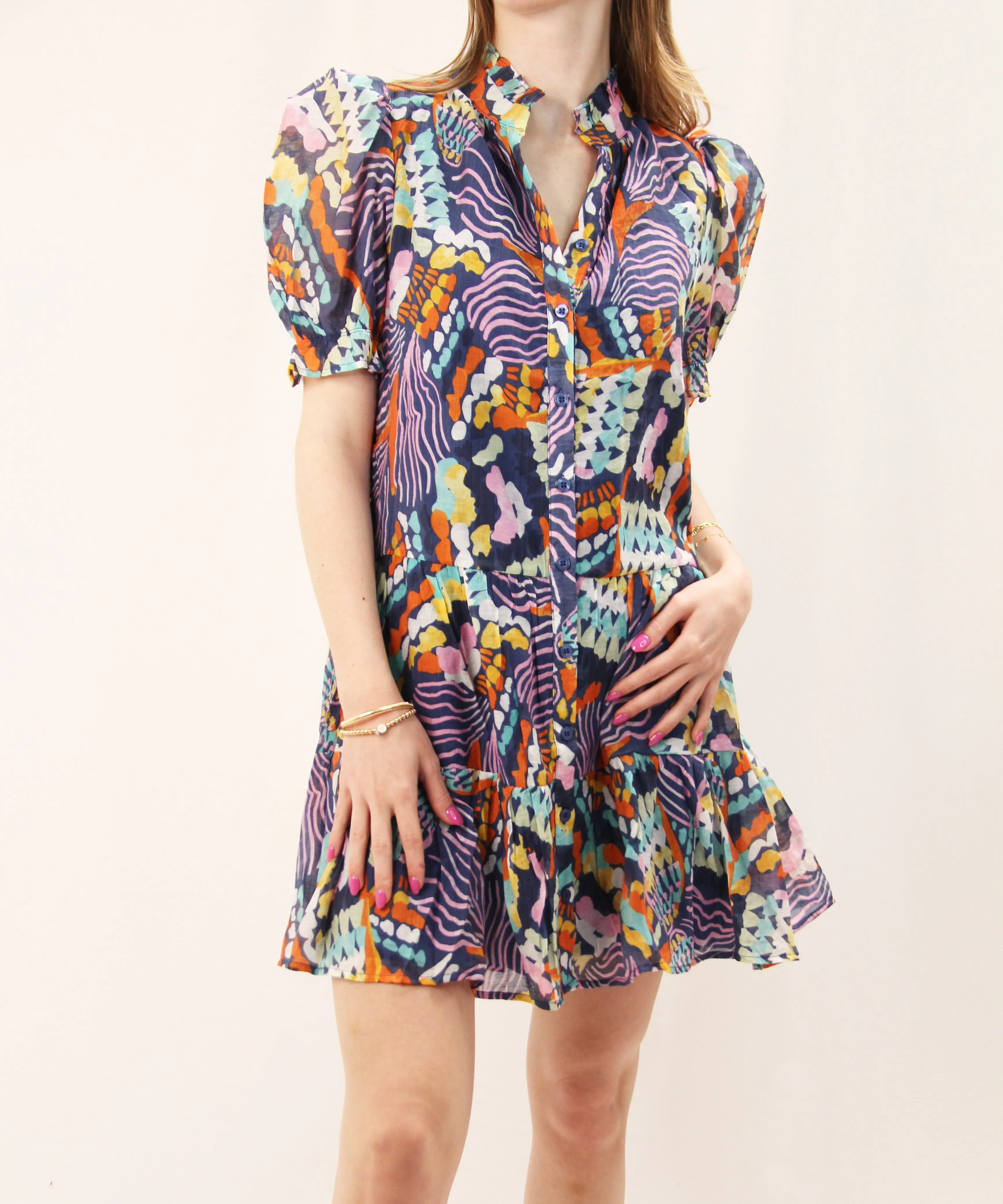 Printed Short Sleeve Dress - Blue