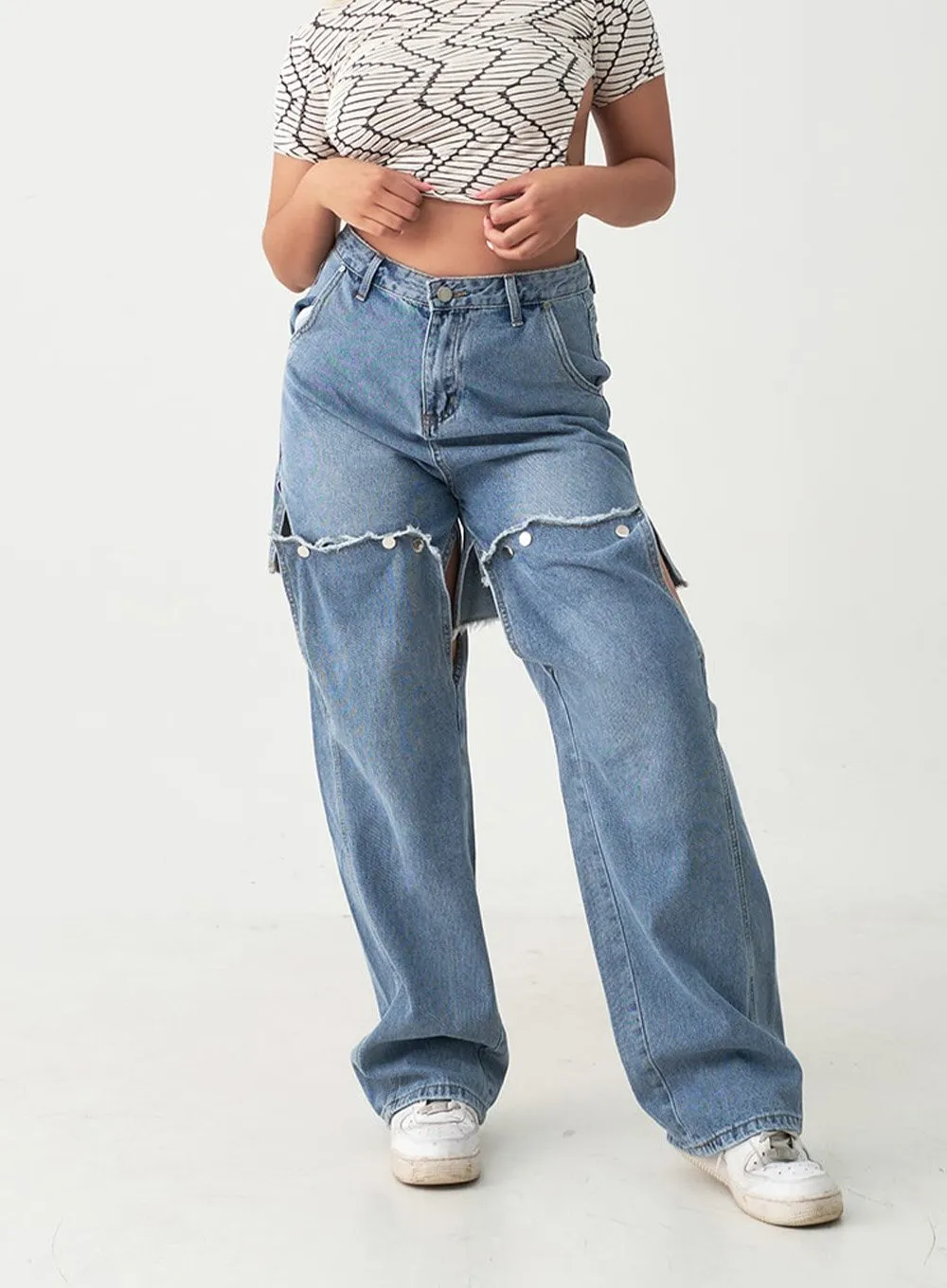 Removable Buttoned Wide Leg Denim Pants IU20