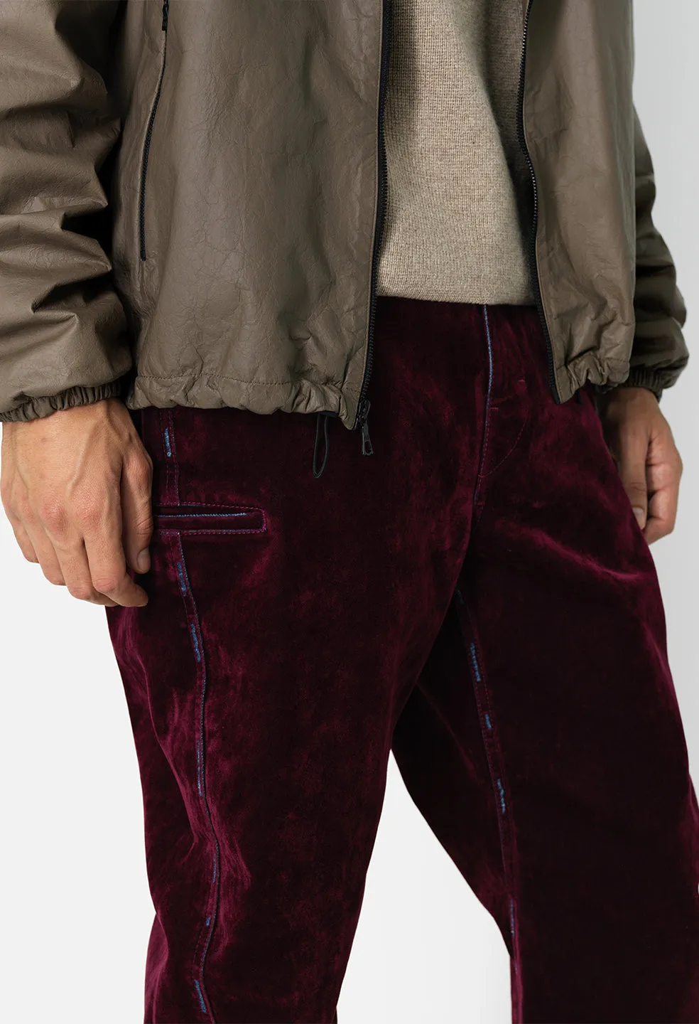 Sure! Here’s an optimized title for the product:

Crushed Velvet Burgundy Sendai Trousers - Chic & Stylish Luxe Comfort

This title includes modifiers that highlight the material and style to attract customers.