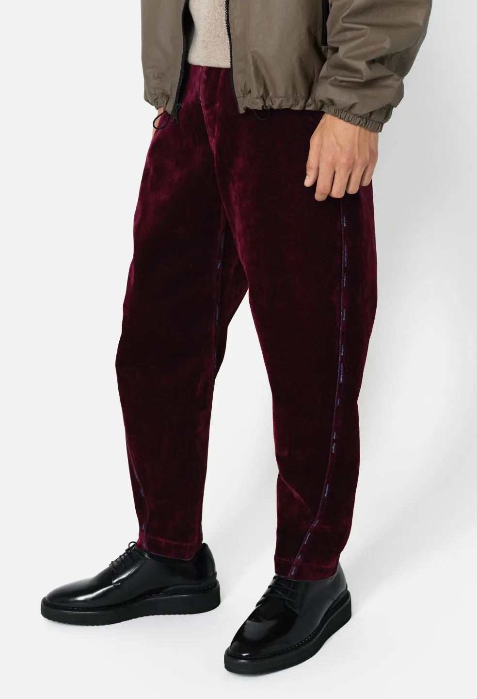 Sure! Here’s an optimized title for the product:

Crushed Velvet Burgundy Sendai Trousers - Chic & Stylish Luxe Comfort

This title includes modifiers that highlight the material and style to attract customers.