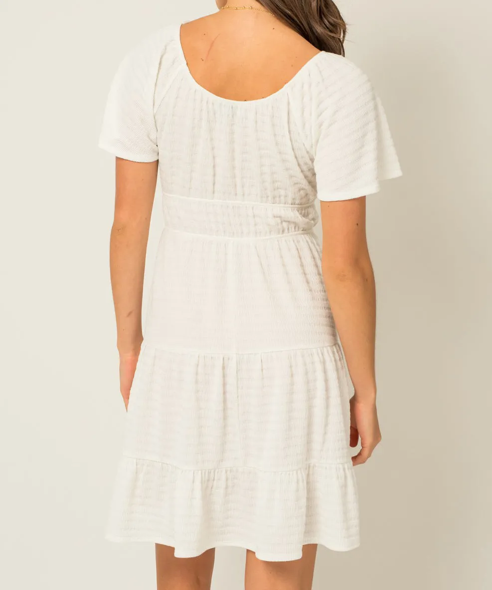 Short Sleeve Self Tie Dress - White