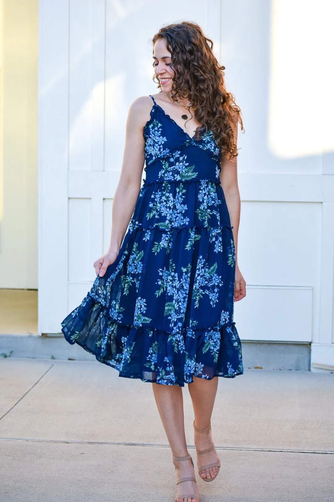 Silence Navy Floral Midi Dress