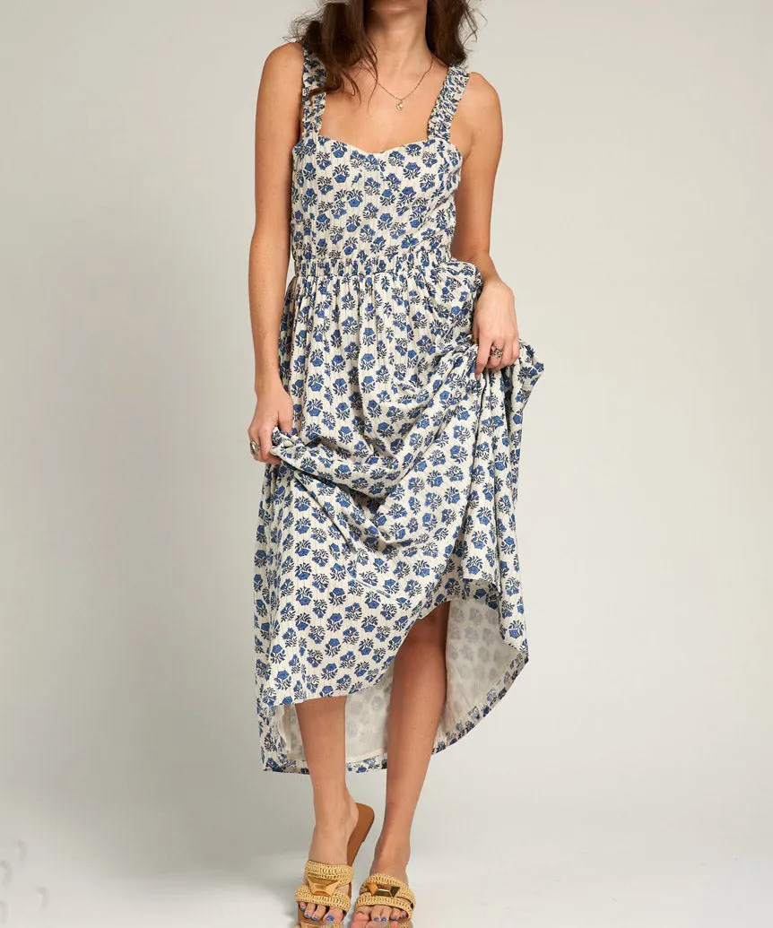 Sleeveless Maxi Dress with Open Back Detail - Blue/Ivory