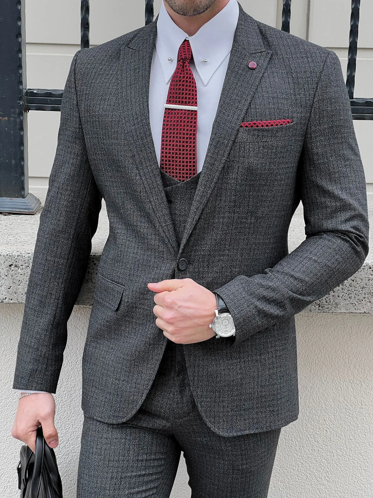 Slim Fit Pointed Collar Vest Anthracite Suit