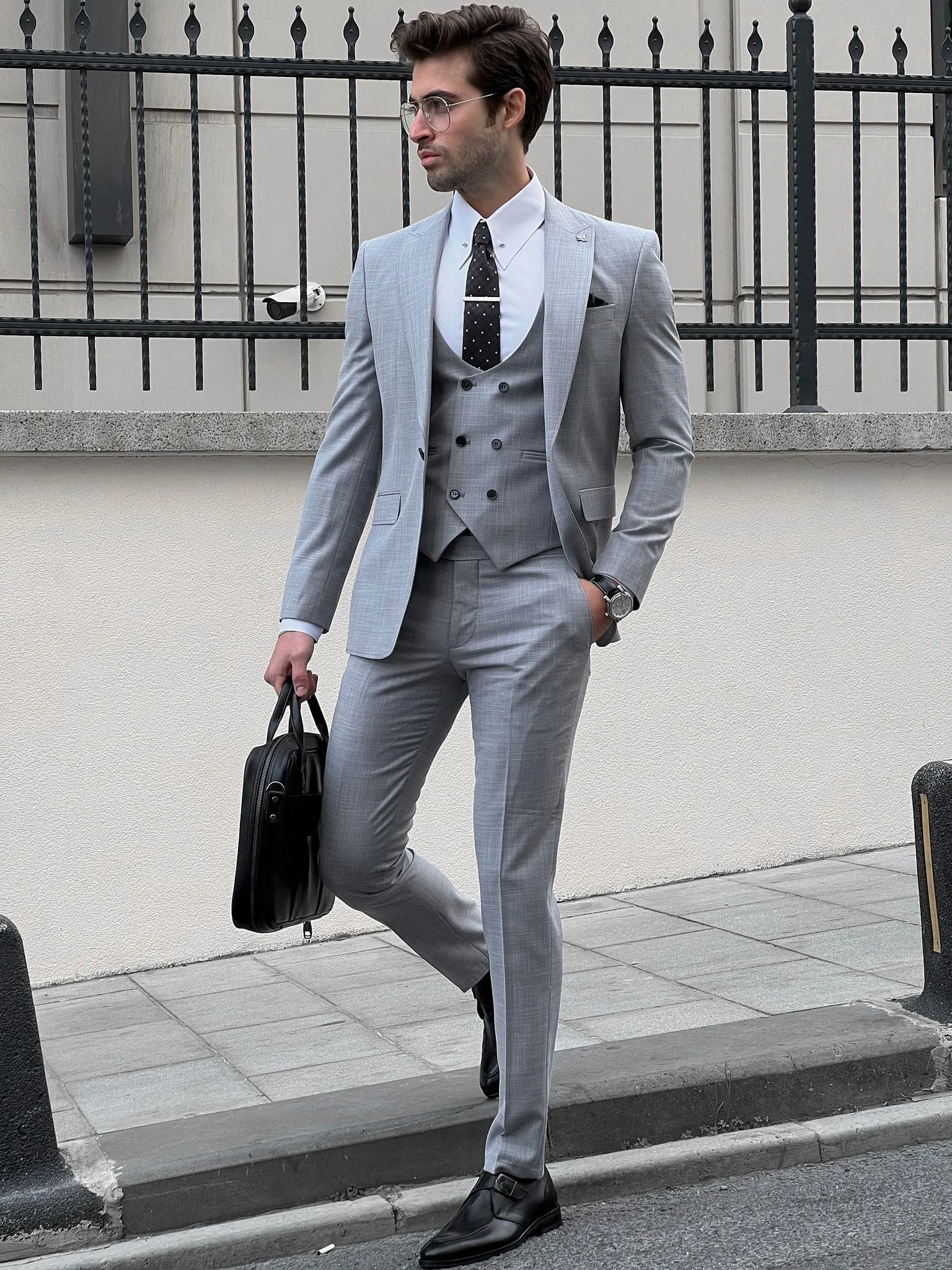 Slim Fit Pointed Collar Vest Gray Business Suit