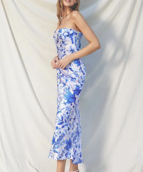 Strapless Floral Satin Maxi Dress - Blue Ivy