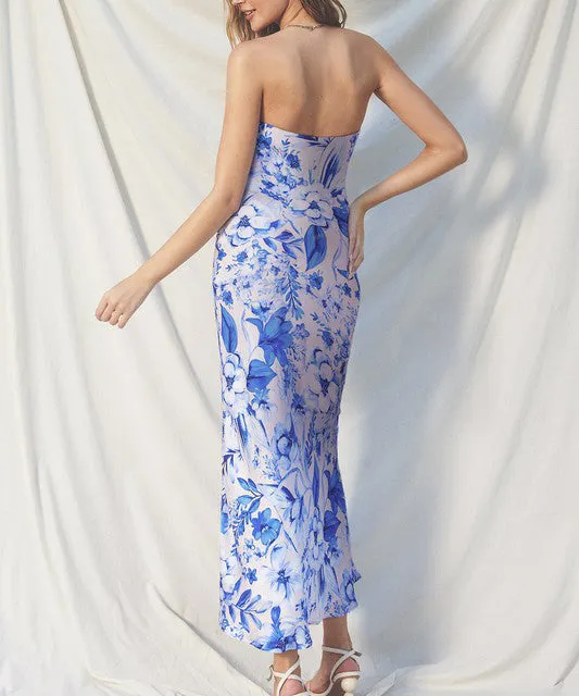 Strapless Floral Satin Maxi Dress - Blue Ivy