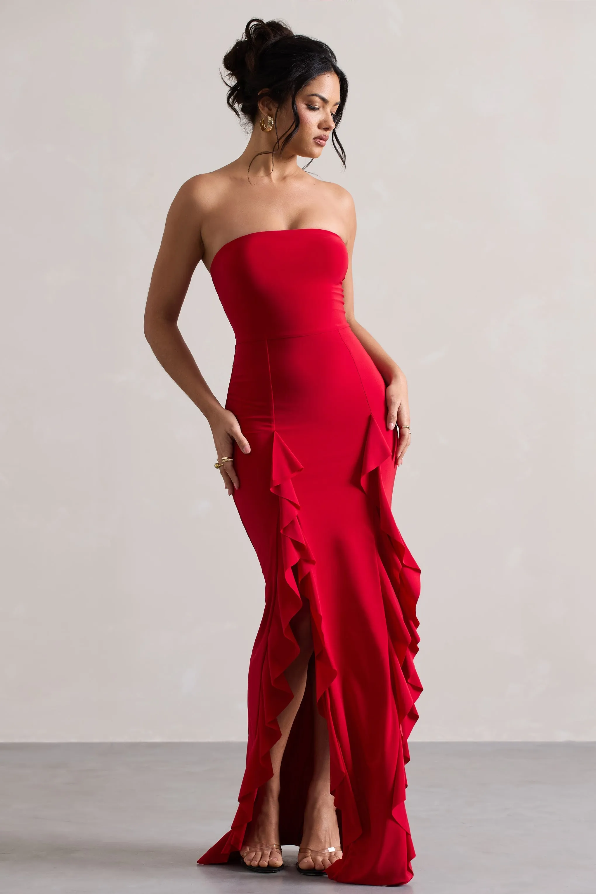 Susan | Red Bandeau Maxi Dress With Ruffled Splits