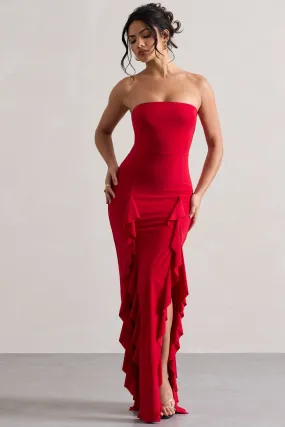 Susan | Red Bandeau Maxi Dress With Ruffled Splits