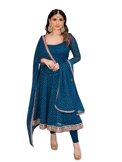 Teal Blue Georgette Polka Dot Salwar Suit with Dupatta