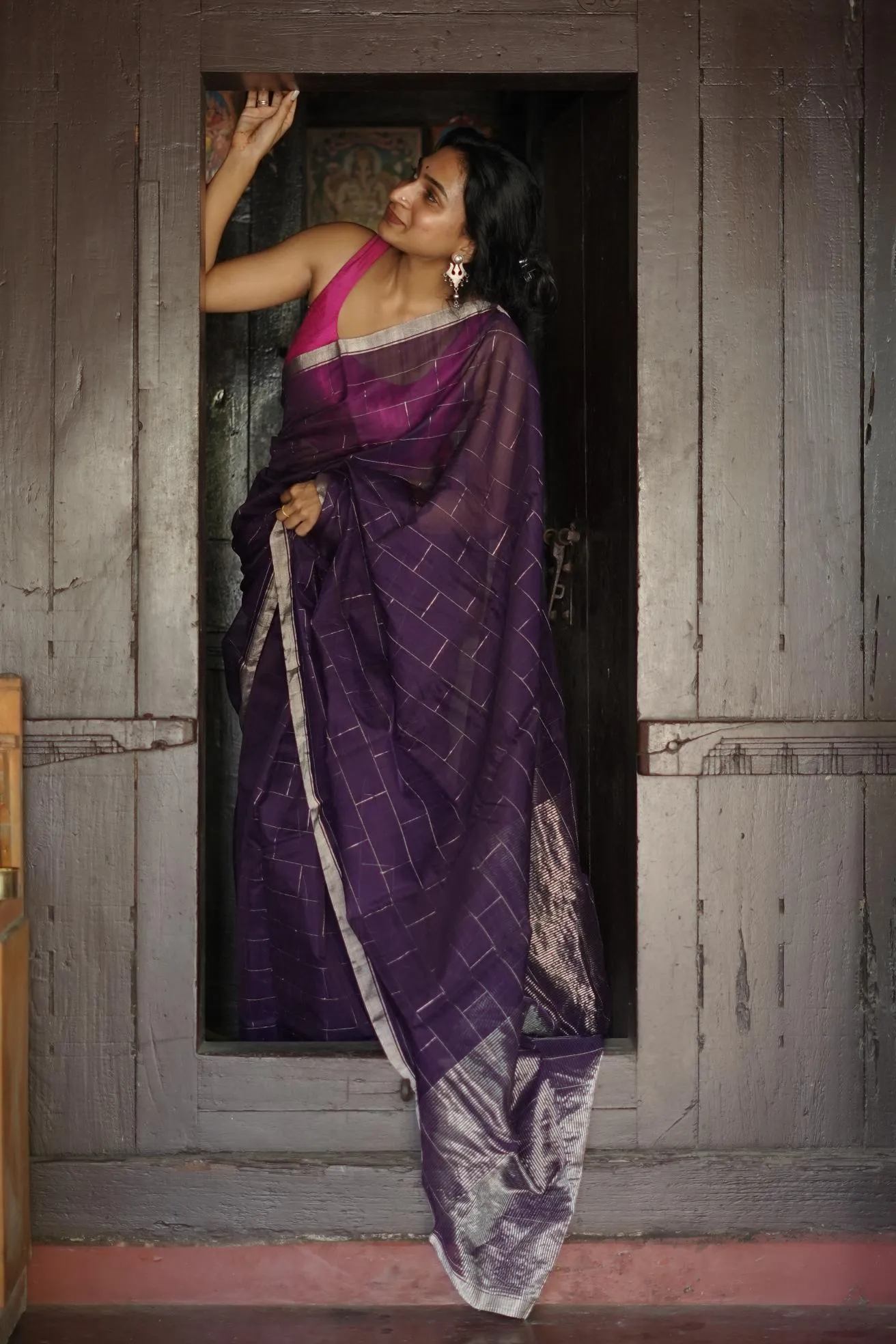 Utsav Purple silk cotton silver Zari Chanderi Saree