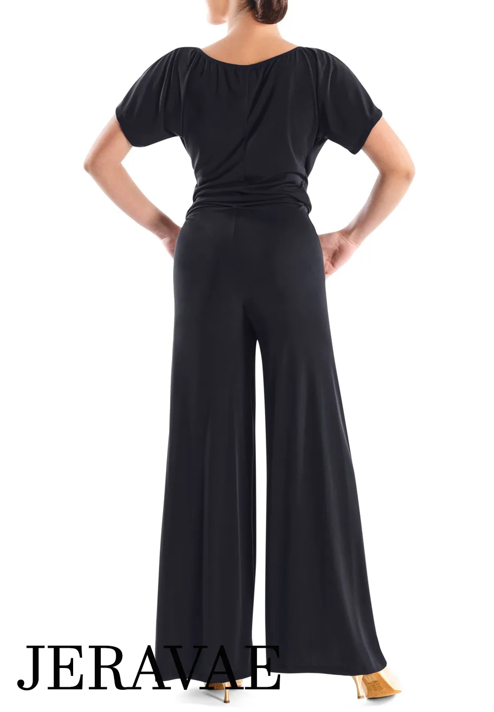 Victoria Blitz Gioiosa Black One Piece Ballroom or Latin Jumpsuit with V-Neckline, Wrap-around Top, Short Sleeves, and Wide Leg PRA 729 in Stock