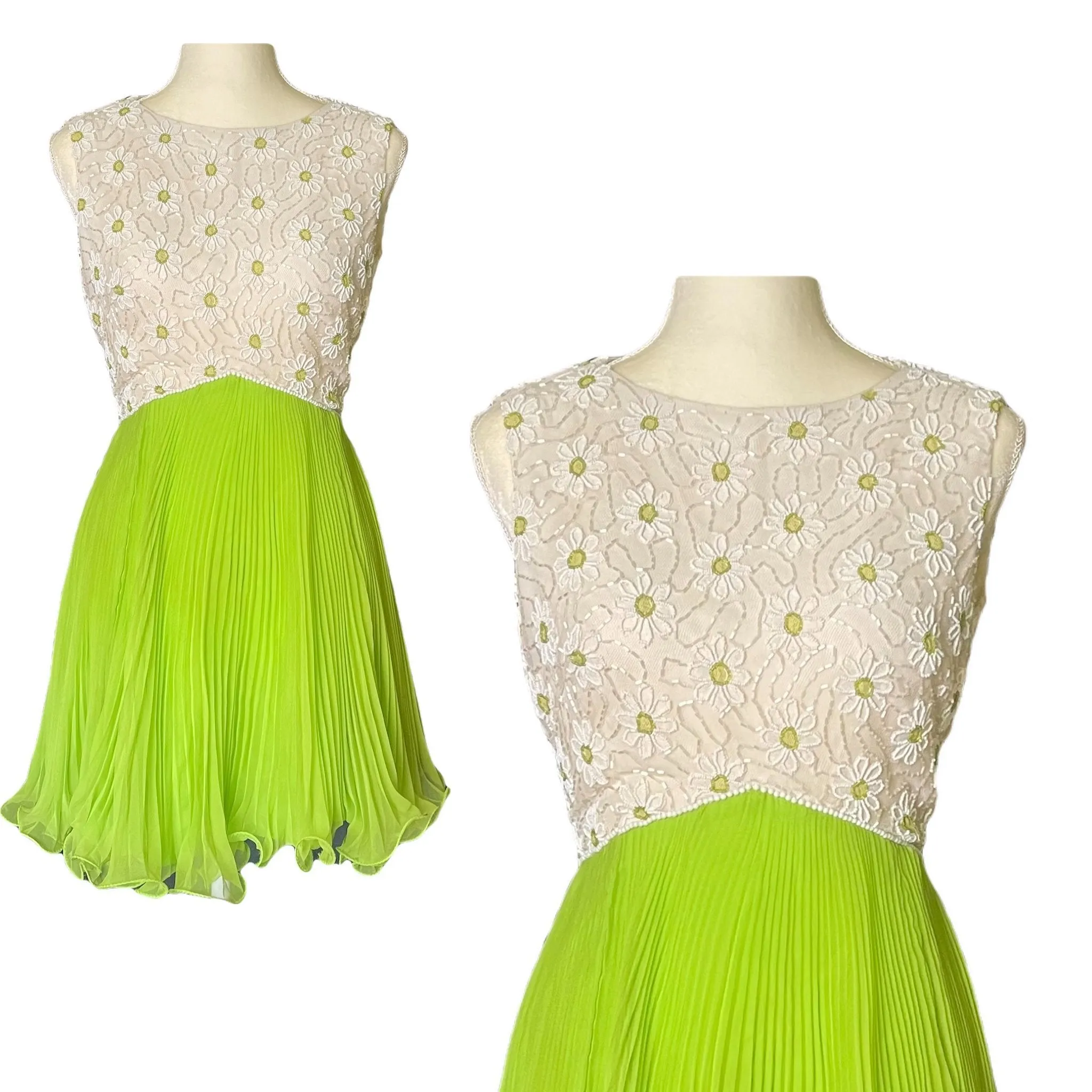 Vintage Elegant Green Chiffon Dress by Miss Elliette. Daisy Flower Beaded Bodice. Micro Pleated Skirt.