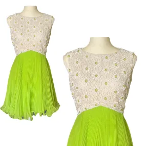 Vintage Elegant Green Chiffon Dress by Miss Elliette. Daisy Flower Beaded Bodice. Micro Pleated Skirt.