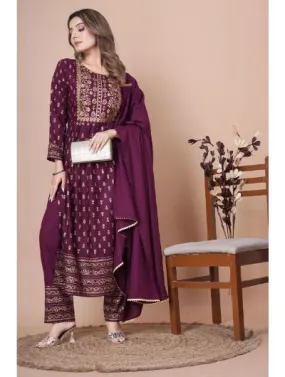 Wine Rayon Anarkali Kurti, Pant with Dupatta Set of 3