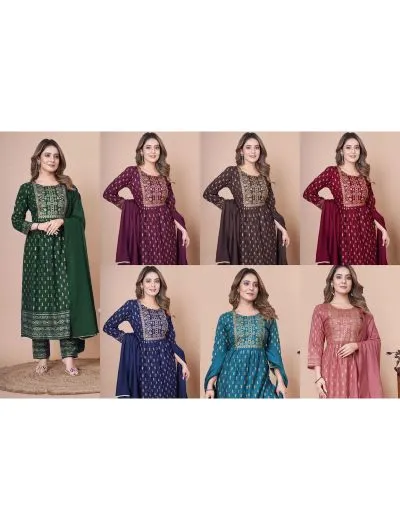 Wine Rayon Anarkali Kurti, Pant with Dupatta Set of 3